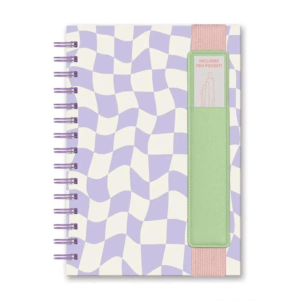 Purple checkered hardcover notebook with pen pocket