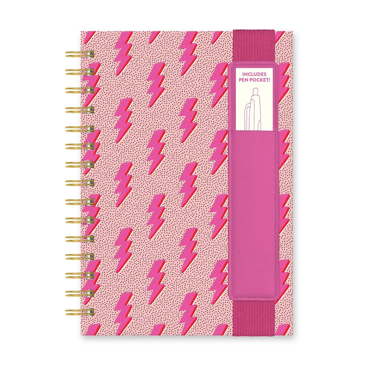 Pink lightning bolt notebook with pen pocket