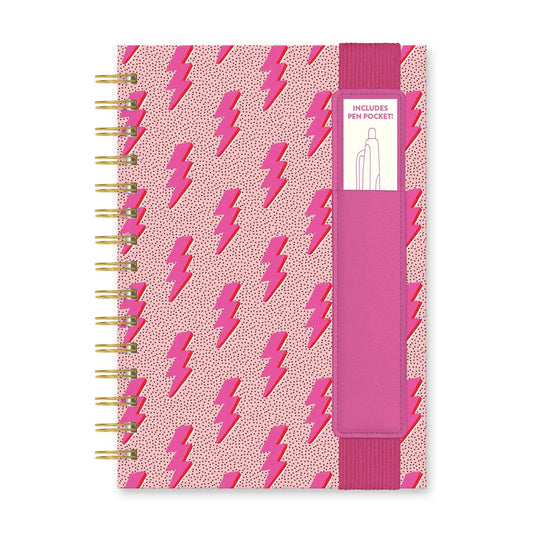 Pink lightning bolt notebook with pen pocket