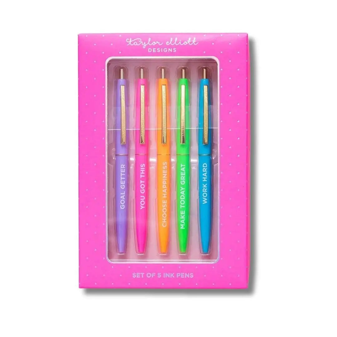 Motivational pens set with affirmation sayings in pink gift box