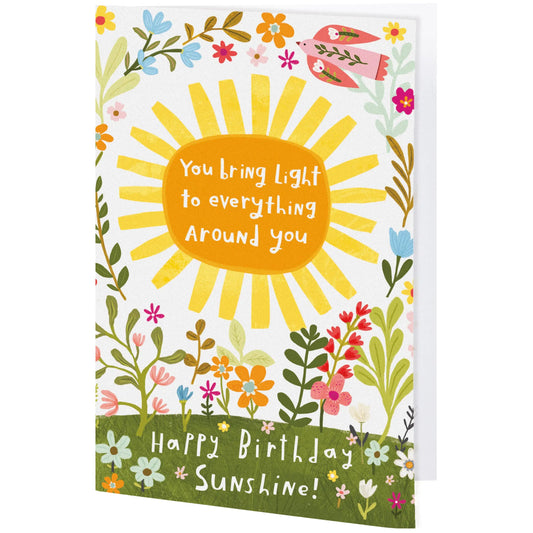 Sunshine birthday greeting card with sun and flower illustration