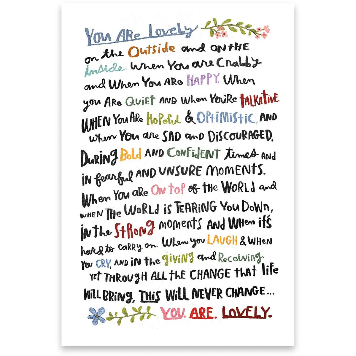 You Are Lovely greeting card with illustrated poem design