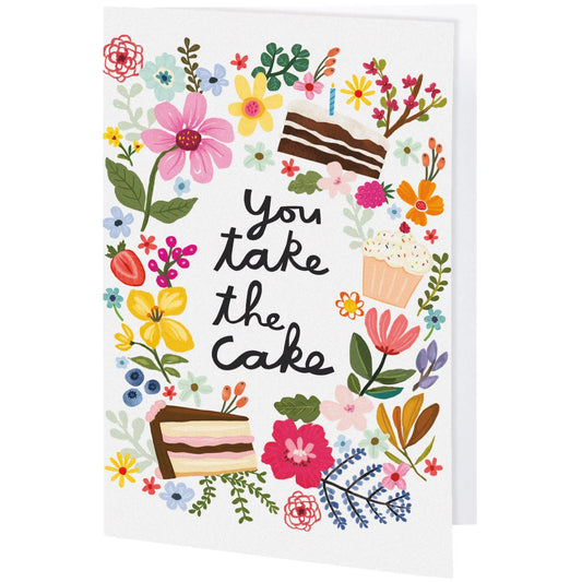 Illustrated inspirational greeting card with flowers and cake
